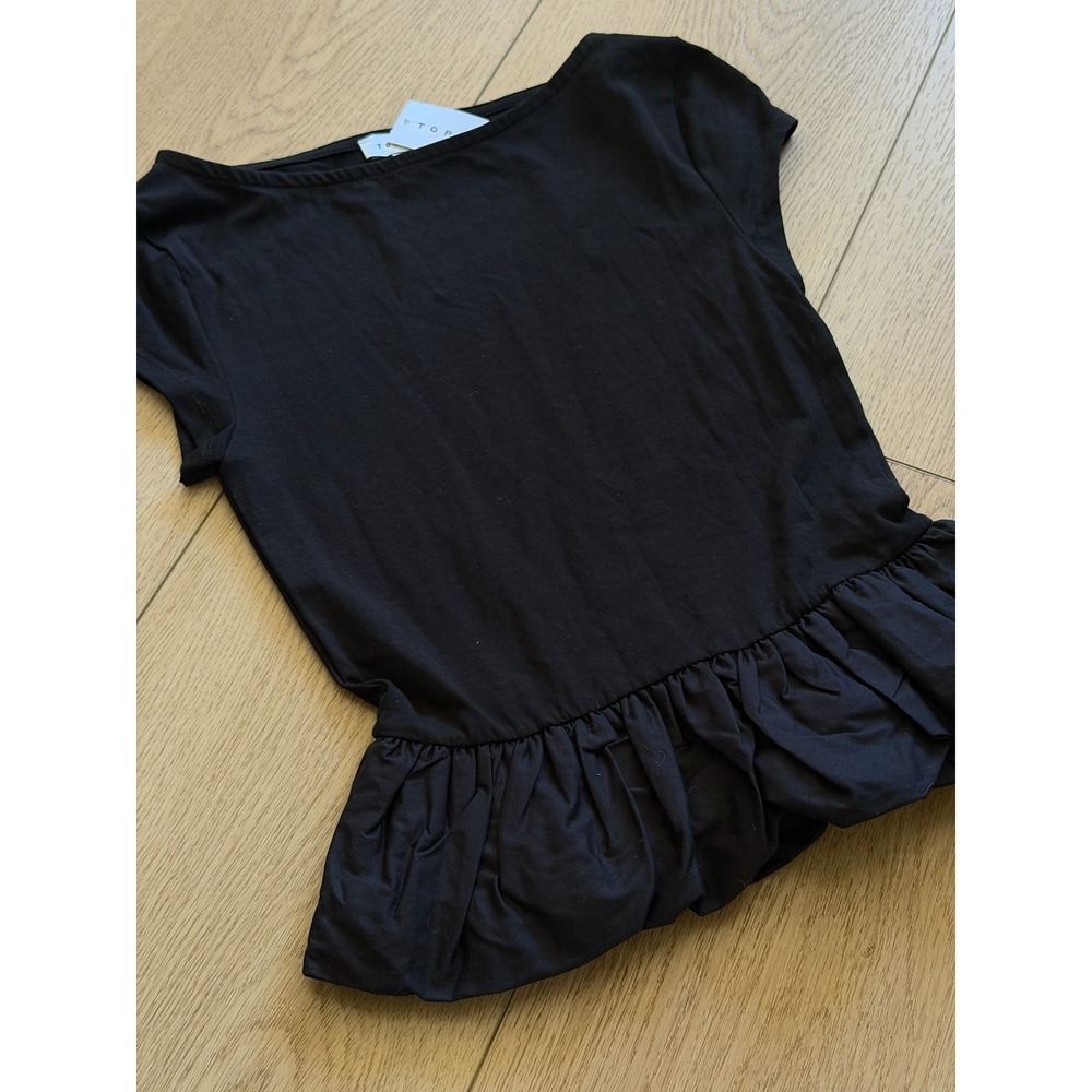 Topshop Black Peplum Top Boat Neck Short Sleeve Jersey Poplin Mix NWT US 0-2 XS - Picture 4 of 5